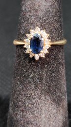 14k Oval Sapphire Diamond Halo Ring Princess Diana Size 4