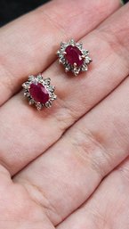 14k 1.11 Carat Ruby Diamond Halo Earrings 2.75 Grams