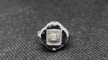 14k Antique Art Deco Open Filigree Sapphire Diamond Ring