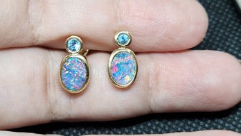 14k Rainbow Black Opal And Blue Topaz Earrings