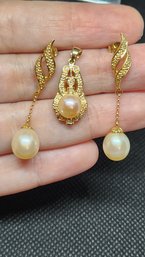 18k / 14k South Sea Pearl Diamonds Earrings Pendent Set