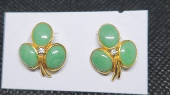 14k Vintage Jade Diamond Clover Earrings 2.65 Grams