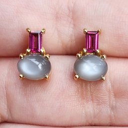 14k Moonstone Cabochon Rhodolite Garnet Earrings