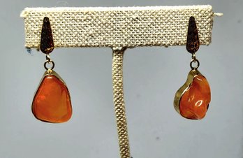 14k Natural Freeform Mexican Fire Opal Cabochon Earrings