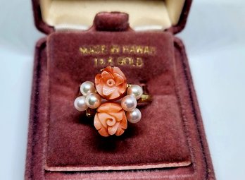 14k Hawaiian Made Coral Rose And Pearl Ring Size 9