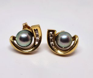 14k Black Pearl Diamond Push Back Earrings 3.75 Grams