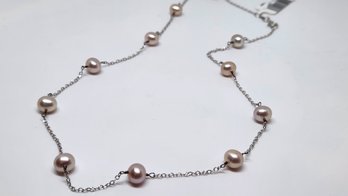 14k White Gold 16 Inch Pink Fresh Water Pearl Stationary Necklace