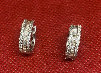 14k Baguette And Round Diamond Multi-Row Huggie Hoop Earrings 5.25 Grams