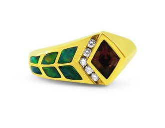 Kabana - 14k Pink Tourmaline And Australian Opal Diamond Ring