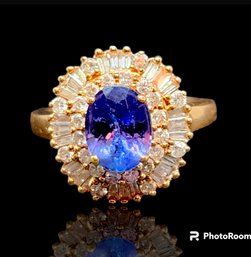 14k Rose Gold 3 Carat Tanzanite Diamond Double Halo Ballerina Ring