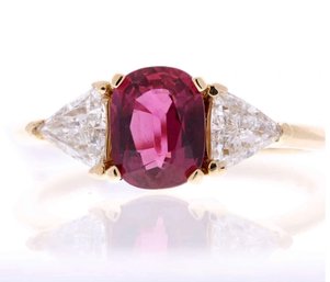 2 Carat Natural Ruby And Diamond Three-Stone Ring In 14k Yellow Gold