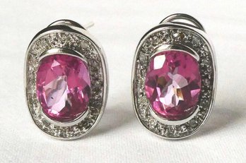 10k Pink Sapphire Diamond Halo White Gold Omega Earrings