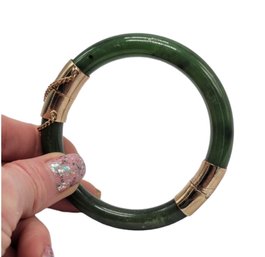 Gold Tone Hinge Nephrite Jade Bangle Bracelet