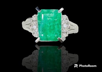 Appraised $7899 Platinum PT900 5.16 Carat Natural Emerald Diamond Ring Size 7.75