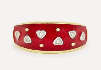 Rare KOJIS 14k Gold Enamel And Diamond Heart Ring Size 7