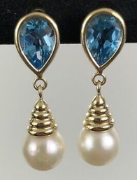 14k Blue Topaz Pearl Drop Earrings