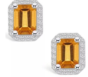 14k White Gold Macy's Fine Citrine Diamond Halo Earrings