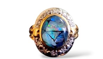 14k Designer Free-form Mosaic Opal Diamond Ring Size 6