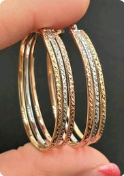 14k Tri Color Gold Diamond Cut Oval Hoop Earrings