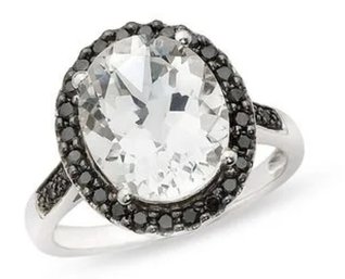 14k White Topaz Black Diamond Halo Ring