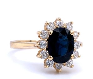 14k Princess Diana 2.50 Carat Sapphire Diamond Halo Ring Size 6.5