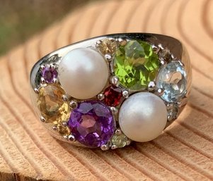 RS Ross Simons Pearl & Multiple Gemstone Cluster Sterling Silver 925 Ring Size 8