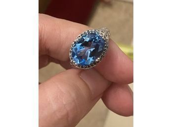 14kwg Swiss Blue Topaz With Blue Diamond Halo