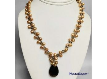 14k Vintage Yellow Gold Bronze Pearl Teardrop Smoky Quartz Necklace