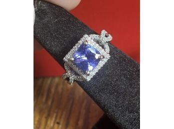 14k White Gold Tanzanite Diamond Halo Ring Size 5.5 Engagement Luxury