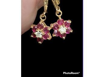 14k Effy Natural Ruby Diamond Flower Leverback Earrings