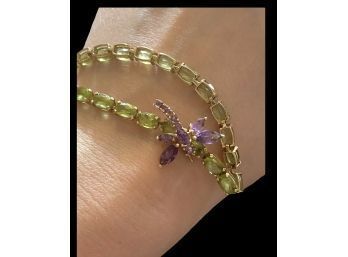 14KT 14.75 Cttw Yellow Gold And Peridot Tennis Bracelet With Amethyst Dragonfly 7.5'