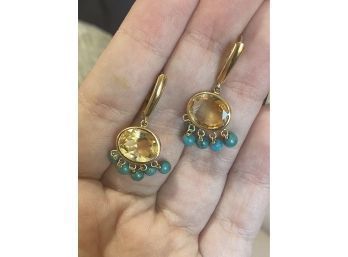 14k Natural Citrine Turquoise Chandelier Earrings