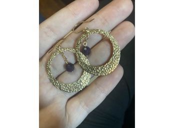 14k Textured Nugget Hoops With Amethyst Beads 3.7g