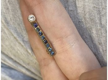14k Sapphire .25 Carat Diamond Solitaire Pin Brooch 1 Inch 2 Grams