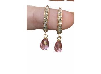 14k Diamond Genuine Pink Topaz Dangle Earrings