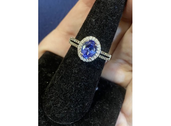 14k White Gold AAA  Blue Purple Tanzanite Diamond Ring