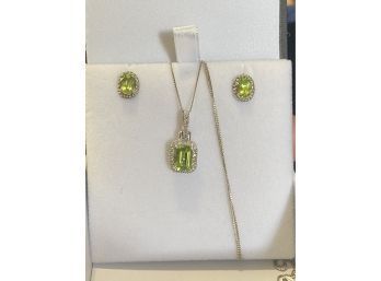 14k White Gold Peridot Diamond Halo Necklace 20 Inches With Matching Sterling Earrings