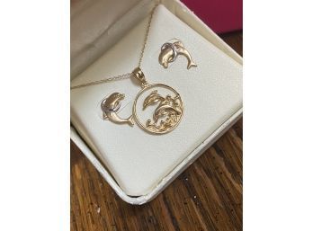 14k New Dolphin Necklace Earrings Set
