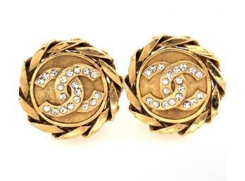Authentic Vintage Chanel CC Clip On Cuban Link Crystal Earrings 1984