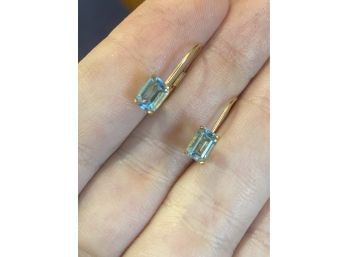 14k Emerald Cut Blue Topaz Lever Back Earrings