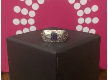 18k White Gold Antique Art Deco Sapphire Diamond Ring Size 6.25