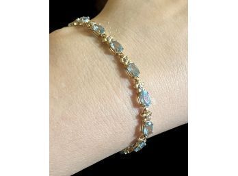 14k 6.75 Carat Blue Topaz Diamond Plumeria Bracelet 5.9 Grams 7.5