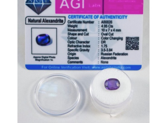 Certified Natural Color Change Alexandrite 4.95 Carats