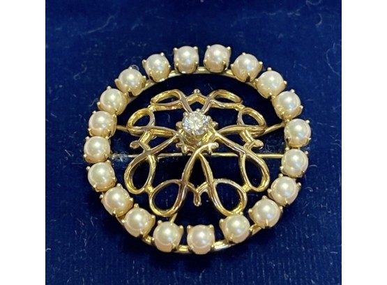 14k Vintage Avon Pearl Diamond Brooch Of Excellence 1969 6 Grams