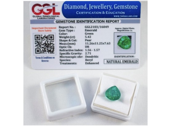 Certified Lose Pear Cut Emerald 5.42 Carats