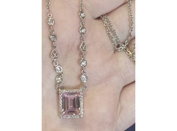 14k 3.50 Carat Pink Sapphire Diamond Halo Necklace Open Filigree Art Deco Design