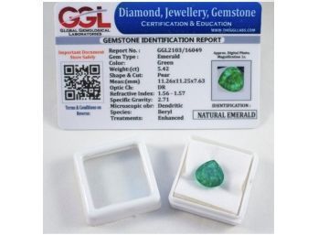 Certified Lose Pear Cut Emerald 5.42 Carats