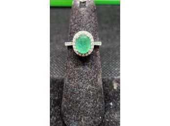 14k White Gold Columbian Emerald Diamond Halo Ring Size 4