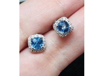14k White Gold Blue Topaz Diamond Halo Earrings 2 Grams