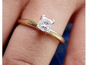 14k .50 Carat Solitaire Vintage Diamond Princess Cut Engagement Ring, W Platinum Head Size 7.5